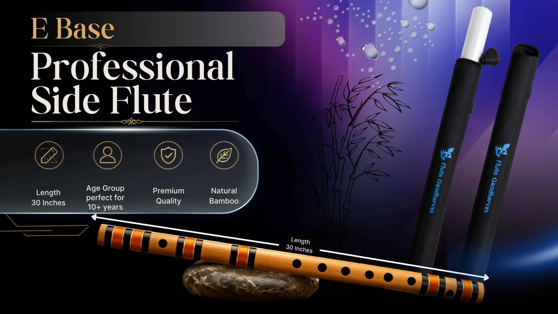 E Base Professional Side Flute — 30 inch natural bamboo flute with Flute Gandharvas carry case